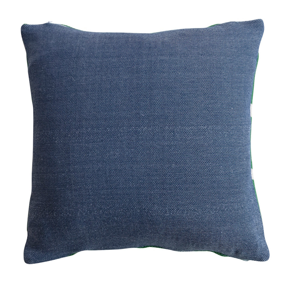 Back view of a square blue woven fabric indoor-outdoor pillow with textured embroidery and a clean, simple design.