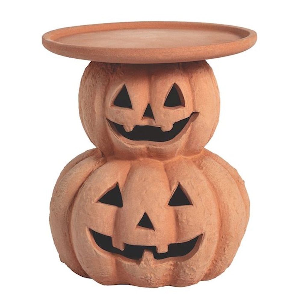 Stacked terracotta jack-o'-lantern pumpkins Halloween pillar candle holder stand.
