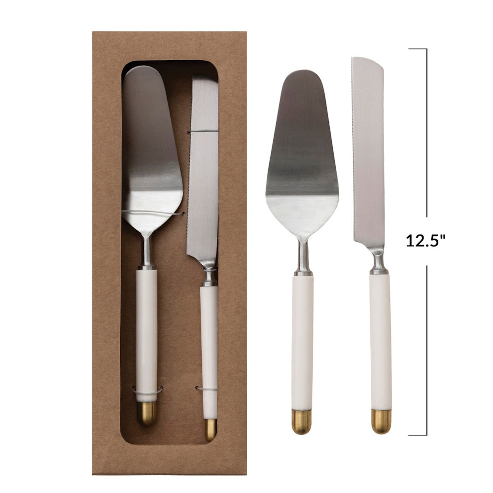 Stainless steel cake server and knife set with white and gold handles, shown alongside a dimension of 12.5 inches in height.