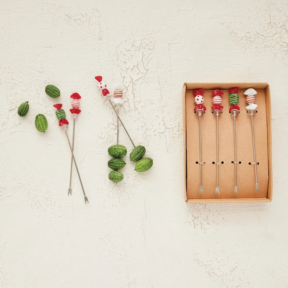 Set of 4 Stainless Steel Picks with Blown Glass Candies