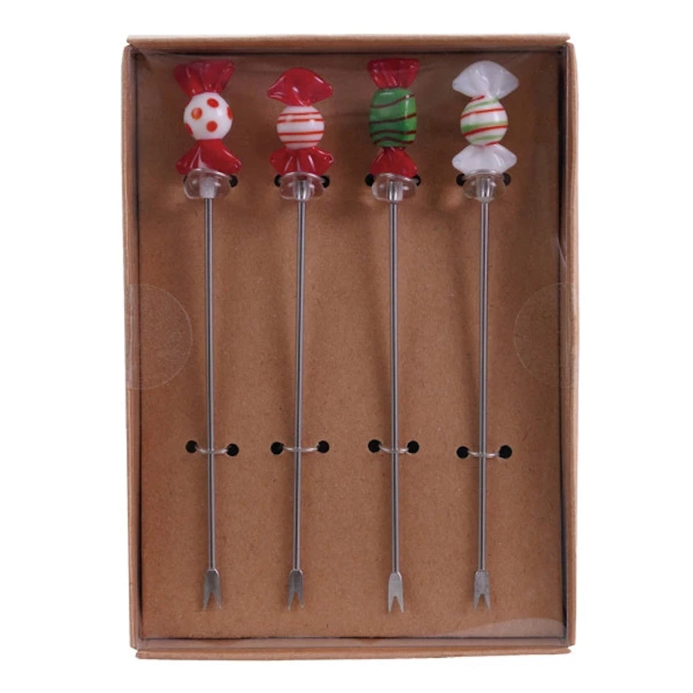 Set of 4 Stainless Steel Picks with Blown Glass Candies — alternate view 3