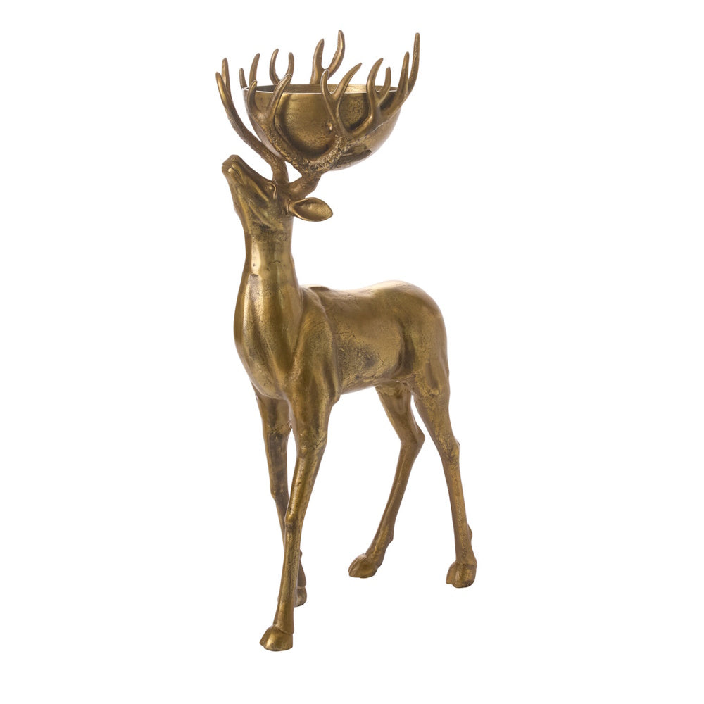 Bronze-colored standing deer figurine holding a bowl within its large, branching antlers against a white background.