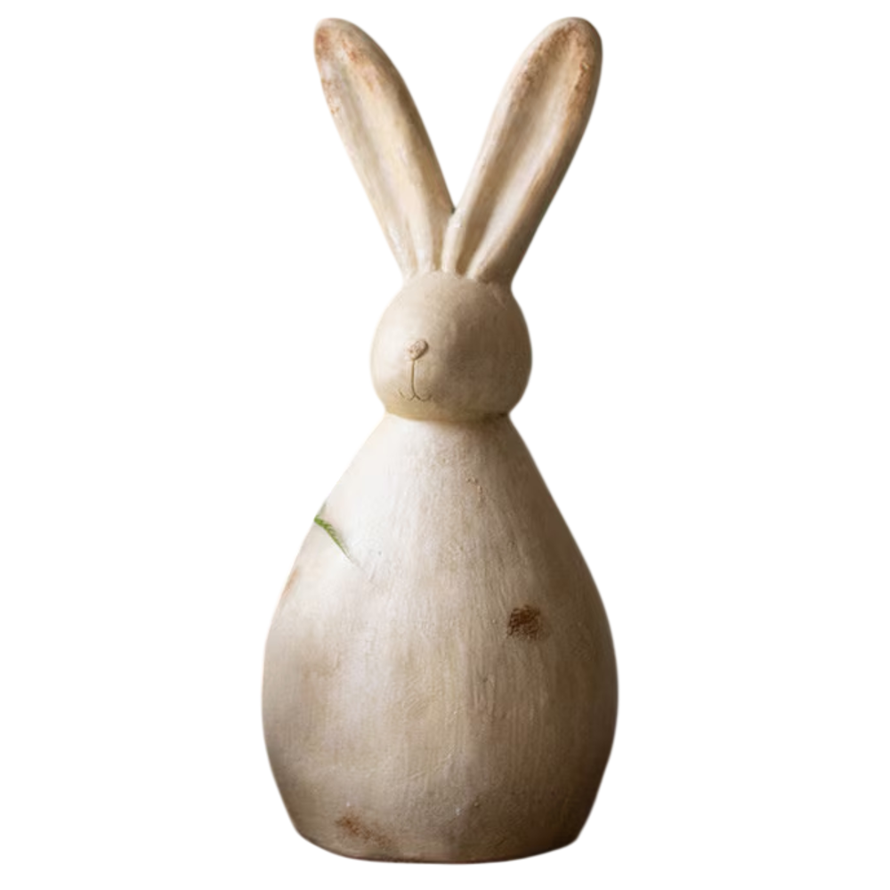 Minimalist standing faux stone rabbit sculpture with a rustic weathered finish on a white background.