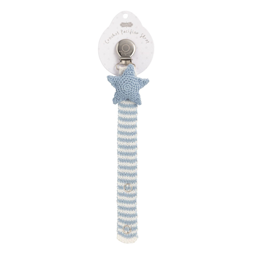 Blue crochet star pacifier clip with a striped blue and white strap on a Mud Pie product display card.