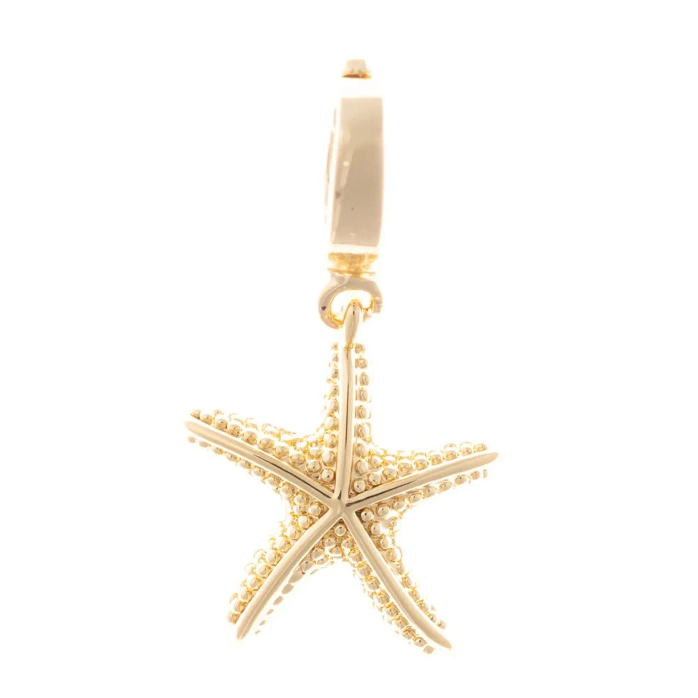 Gold starfish pendant charm with a beaded, textured surface on a white background.