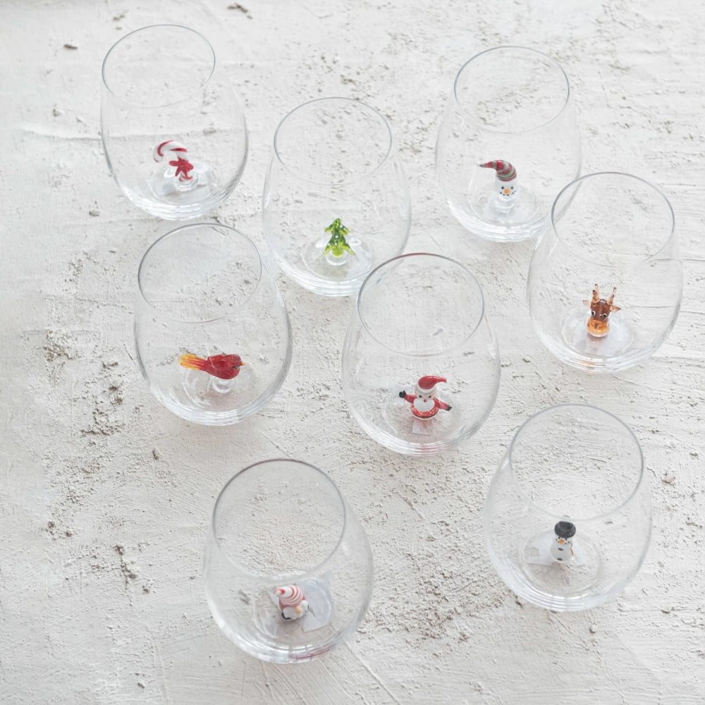 Stemless Wine Glass with Holiday Figure