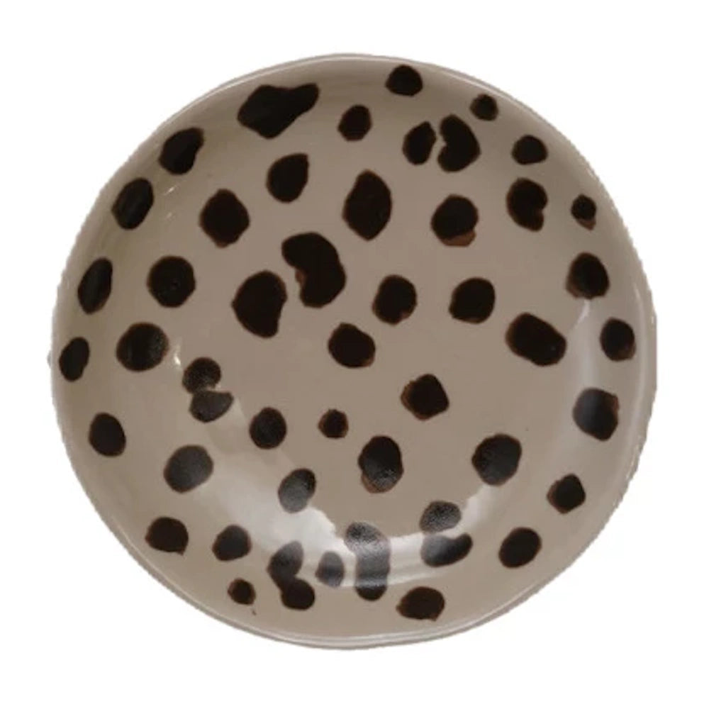 Dalmatian print ceramic appetizer plate, handmade speckled stoneware dish for home decor.