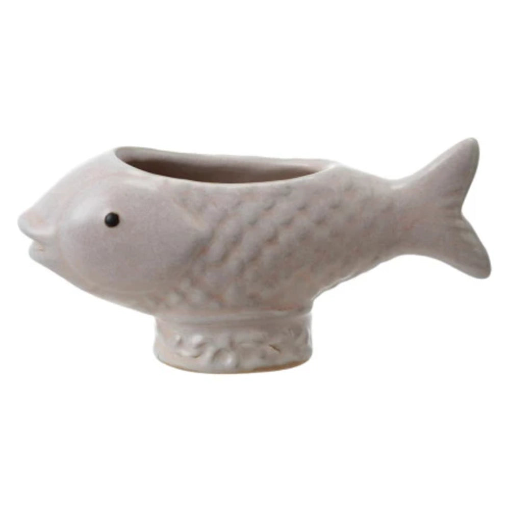 Pink fish ceramic bowl, textured koi fish planter for home decor, coastal style pottery on white background.
