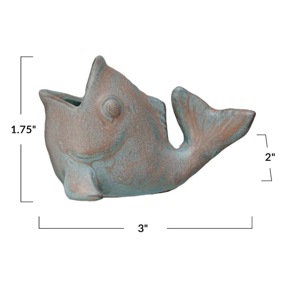 Small 3-inch rustic turquoise and copper fish figurine planter with dimensions 1.75 by 2 inches.