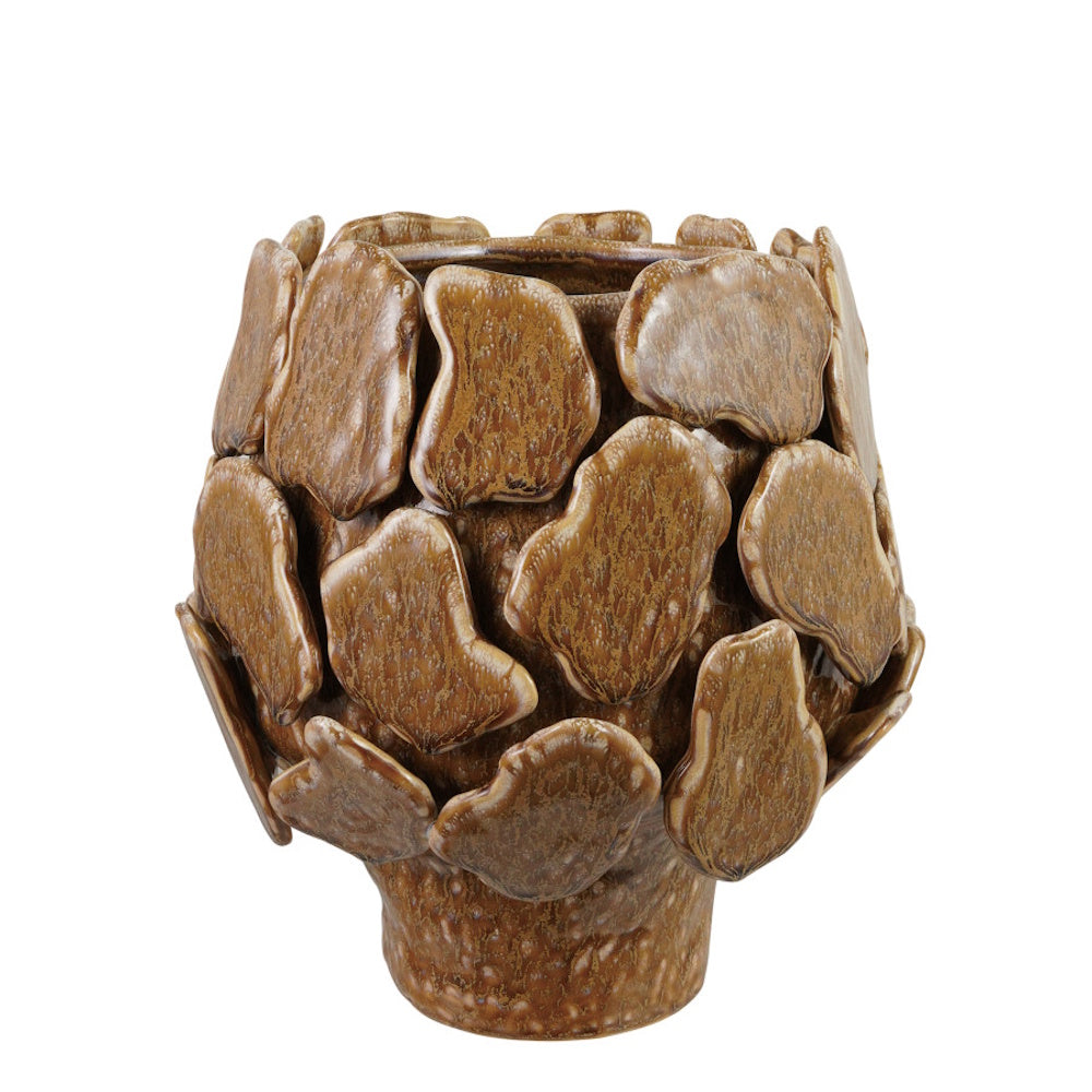 A brown footed stoneware planter covered in overlapping 3D petal-like shapes on white background.