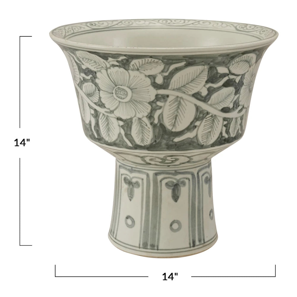 Hand-painted stoneware footed planter with grey floral design and flared rim. Dimensions: 14 inches tall and 14 inches wide.