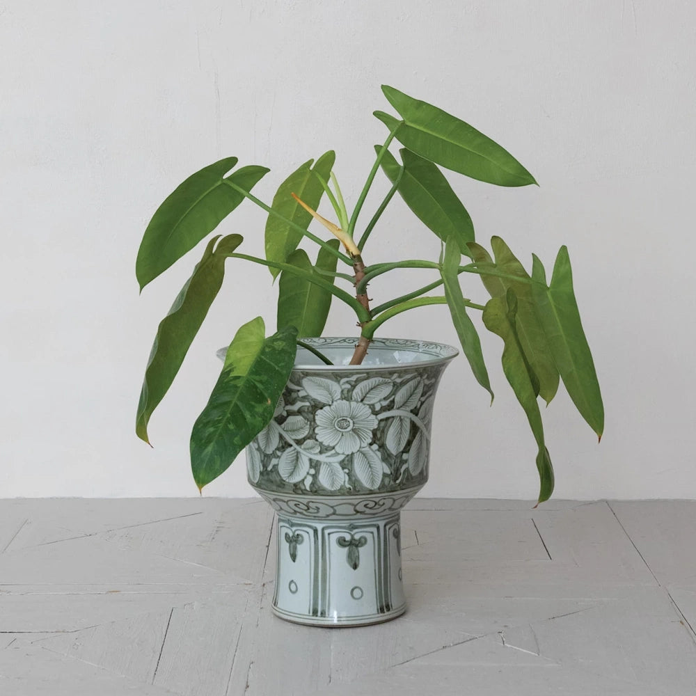 indoor footed planter Hand-Painted Stoneware Footed Planter w/ Floral Design