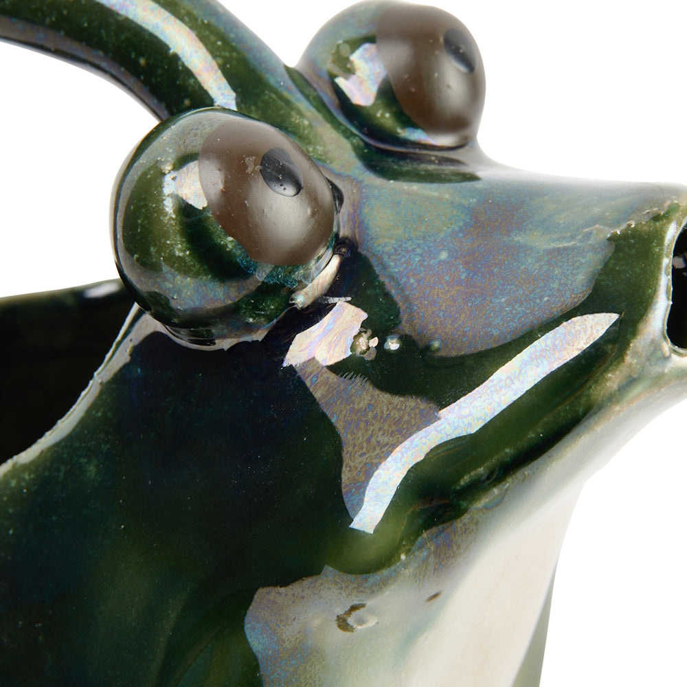 Close-up of a glossy green ceramic frog pitcher showing large bulging eyes and an open mouth spout.