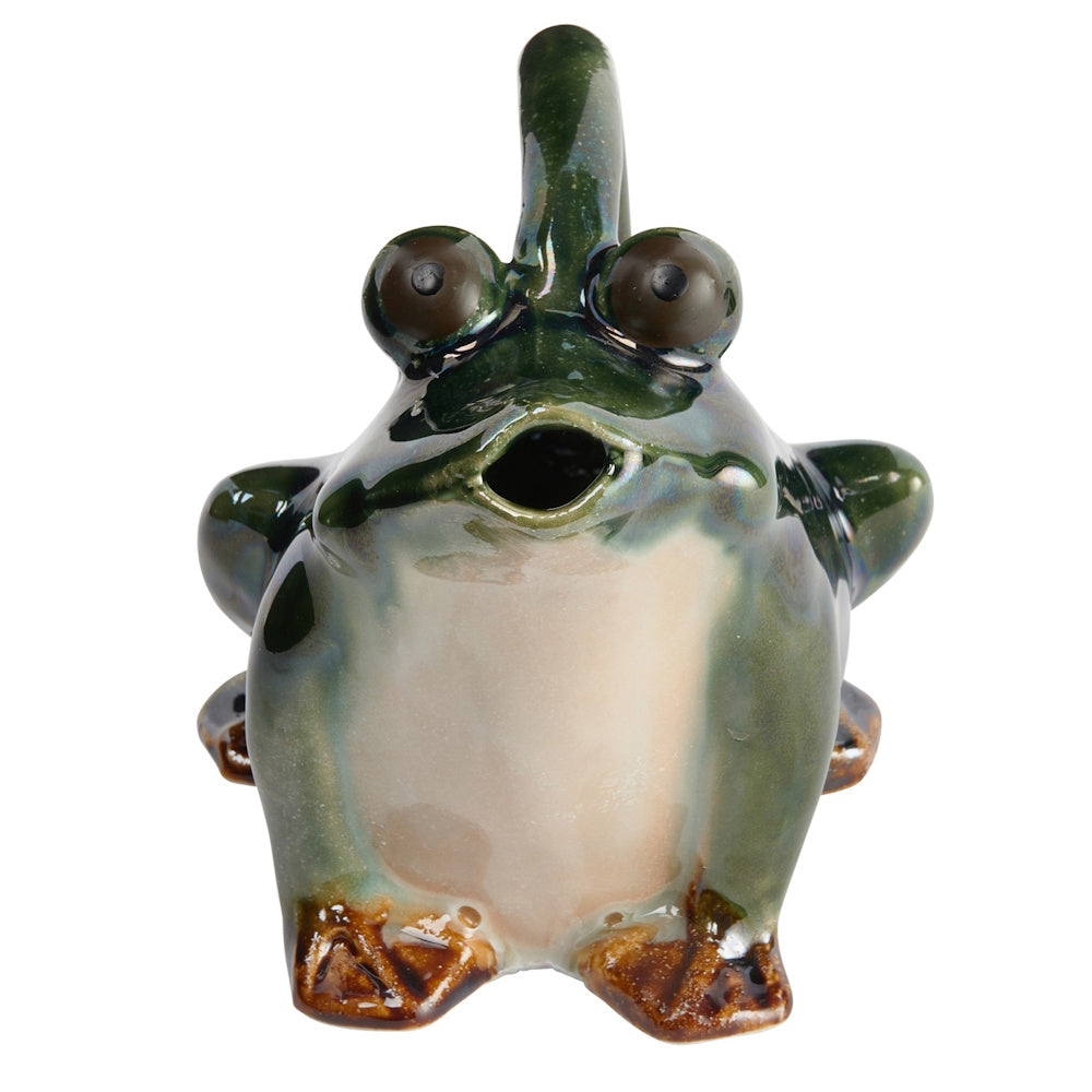 A shiny, green and brown stoneware watering pitcher shaped like a sitting frog with wide eyes and an open mouth.