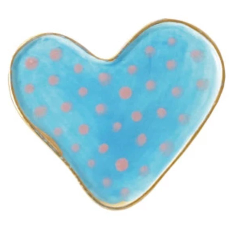 Light blue ceramic heart-shaped trinket dish with pink polka dots and gold trim.