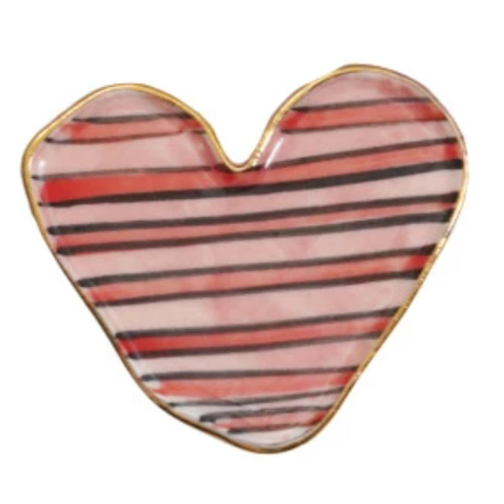 Pink striped heart-shaped stoneware magnet with gold rim, handmade ceramic decorative accessory for home or office.