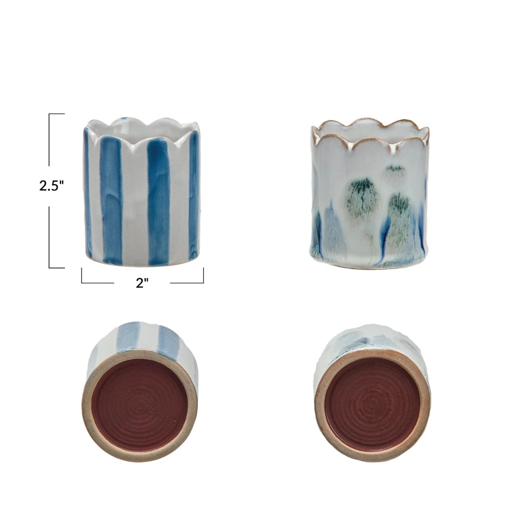 Pair of scalloped white stoneware matchstick holders showing dimensions of 2.5 inches high and 2 inches wide.