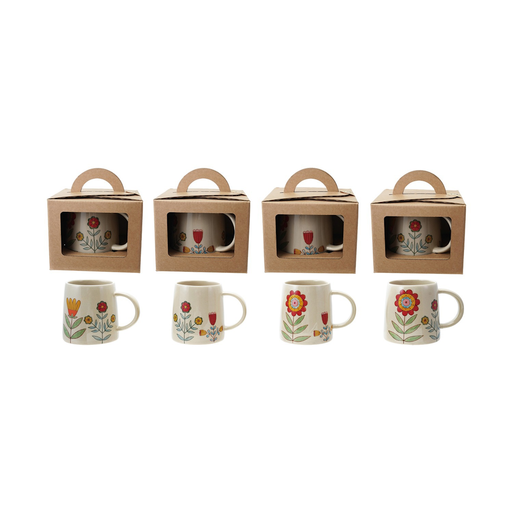 Set of four floral stoneware mugs with hand-painted red and yellow flowers, shown with cardboard gift boxes.