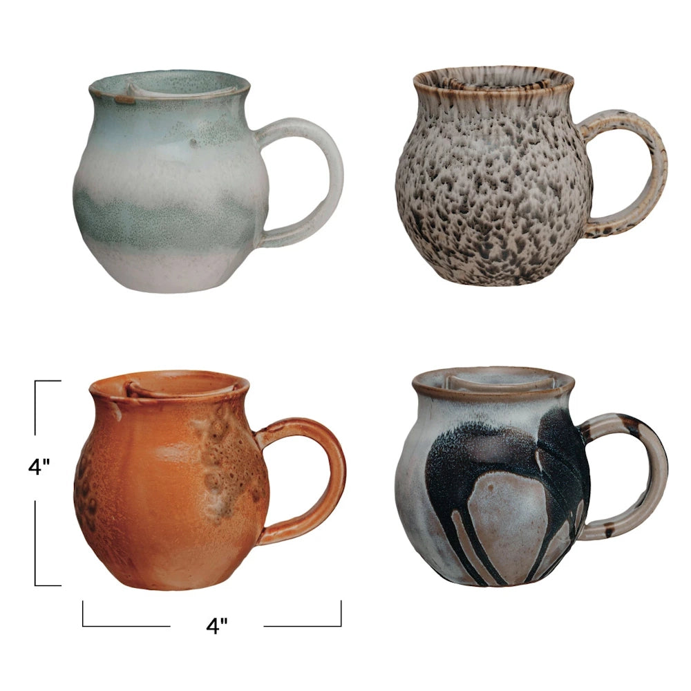 Set of 4 handmade stoneware pottery mugs with earth tone glazes, 4-inch round rustic ceramic coffee cups.