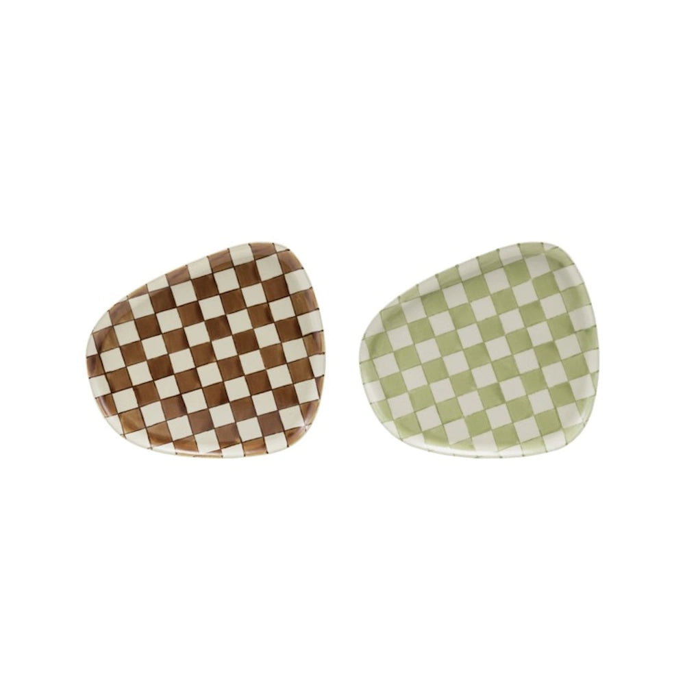 Stoneware Organic Shaped Plate with Checked Pattern