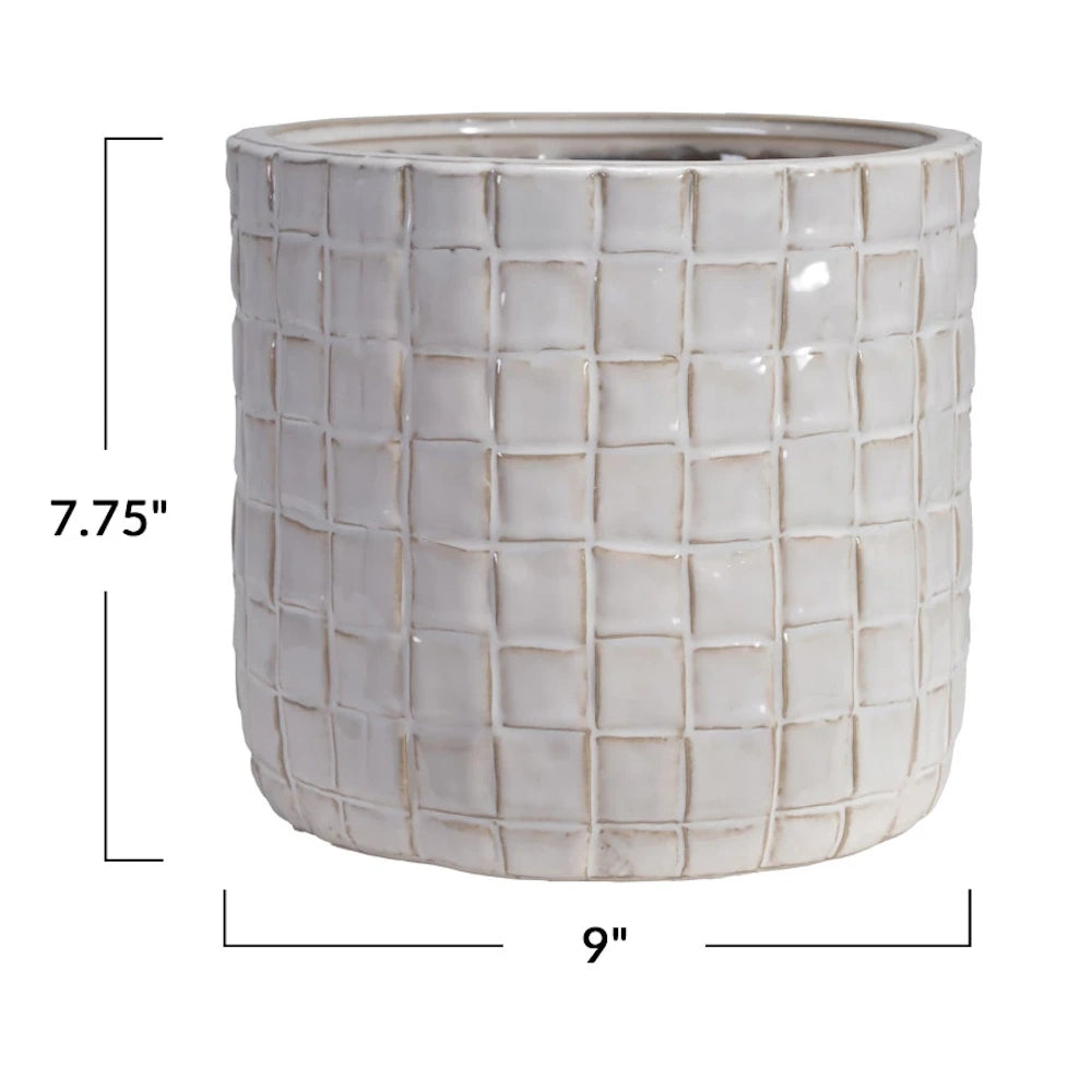 9 inch Cream Textured Ceramic Planter Pot with Grid Pattern, 7.75 inches tall, Modern Indoor Decorative Flower Pot