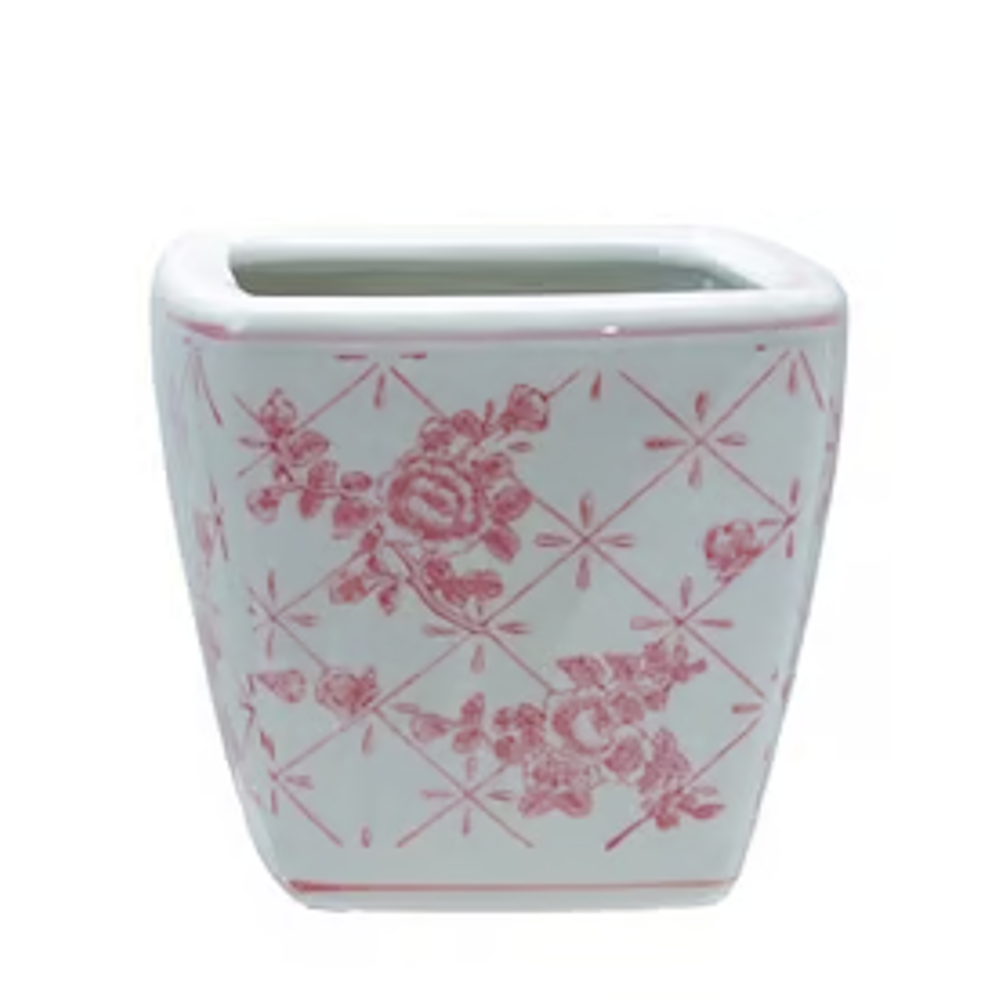 Small white square stoneware planter with red floral pattern and lattice design.