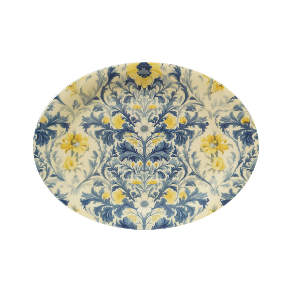 Oval platter decorated with a blue foliage and yellow floral botanical pattern on a cream background.