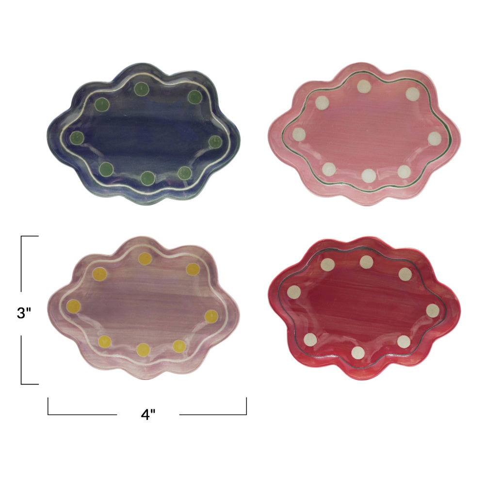 Four colorful stoneware scalloped dishes with dotted borders, measuring 4 inches wide by 3 inches high.