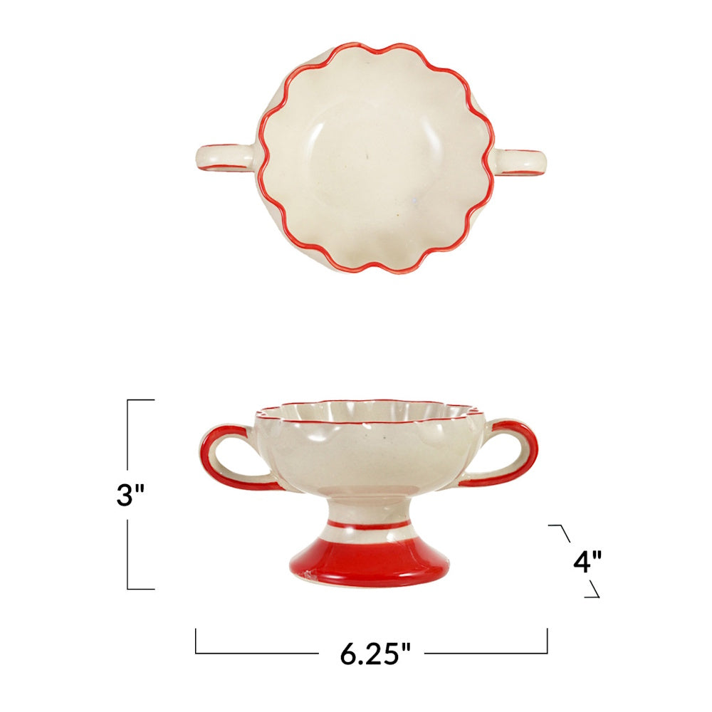 Dimensions diagram of a ceramic scalloped bowl showing 3 inch height, 4 inch width, and 6.25 inch length.