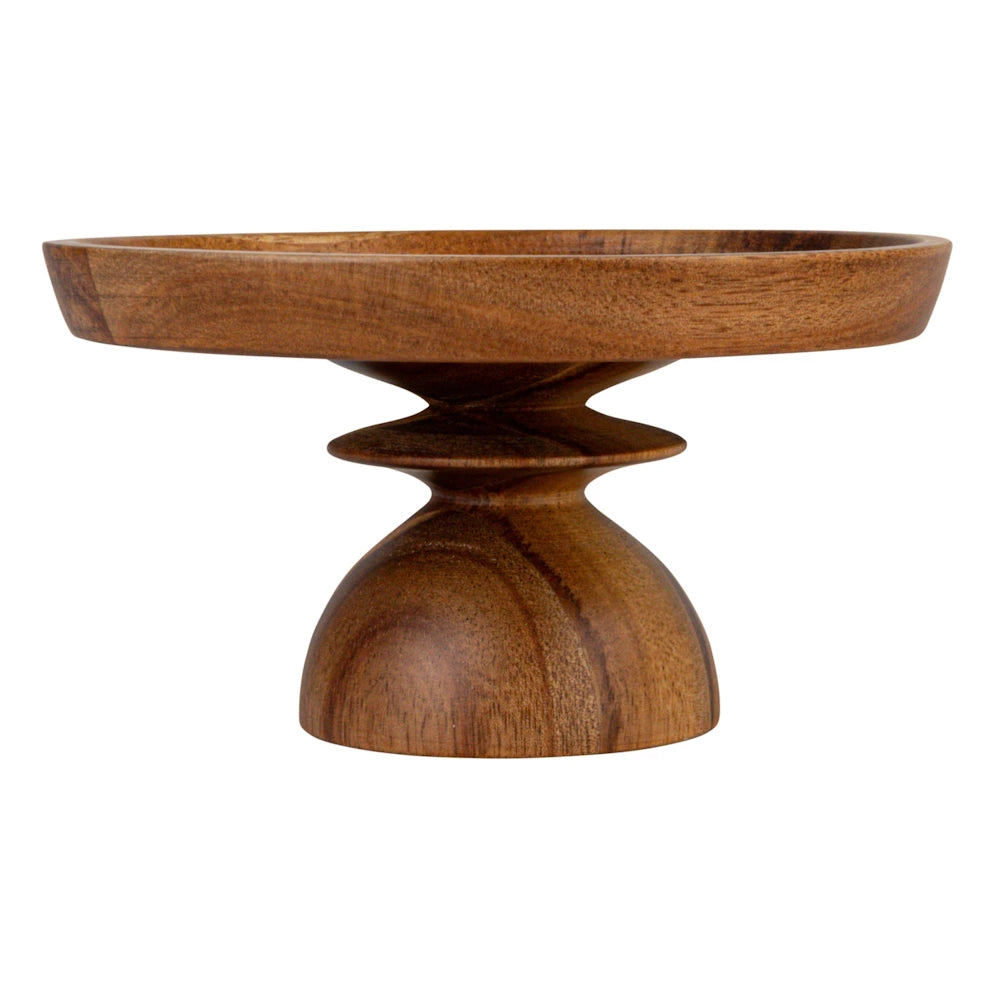 Stoneware serving dish with an acacia wood pedestal.