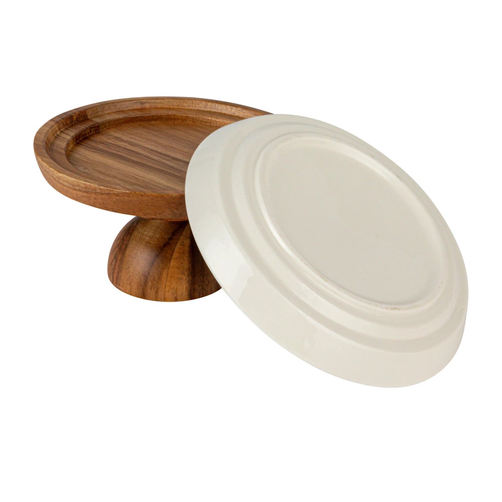 Stoneware serving dish separated from its acacia wood pedestal, showing the bottom base and recessed wooden top.