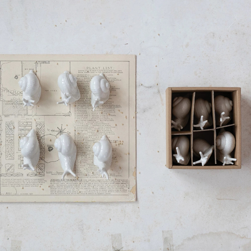 White ceramic snail figurines displayed on a vintage botanical print and in a brown cardboard divider box.