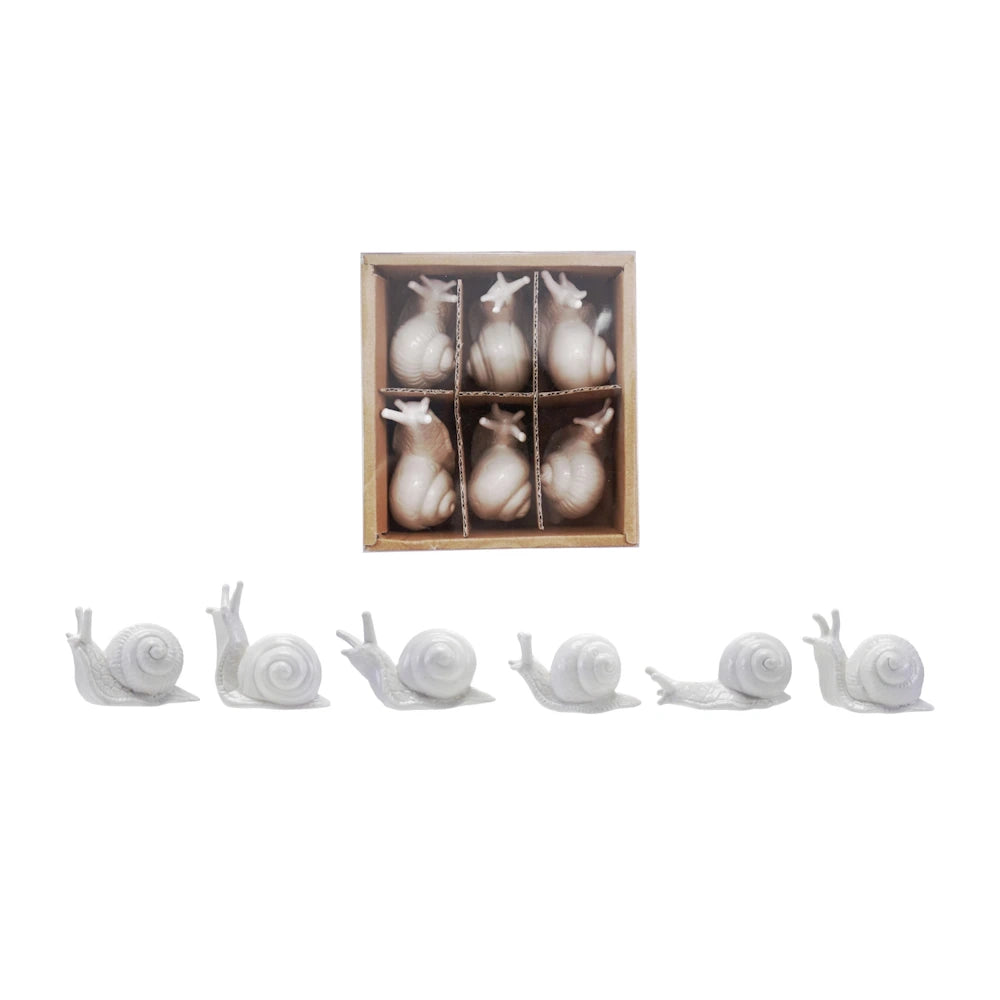 Set of 6 white ceramic stoneware snail figurines in a gift box. Decorative snail sculptures for home garden decor.