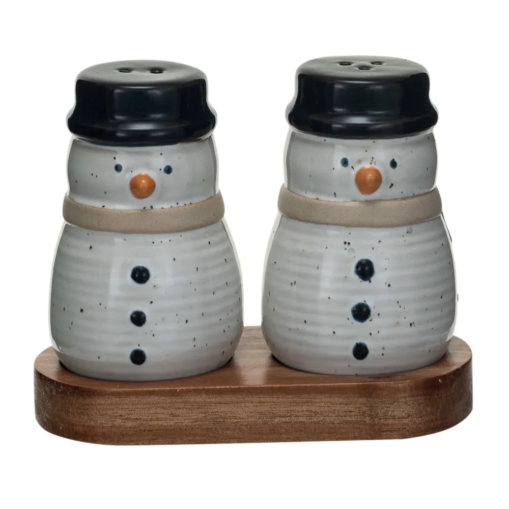 Stoneware Snowmen Shaped Salt & Pepper Shakers with Tray — alternate view 2