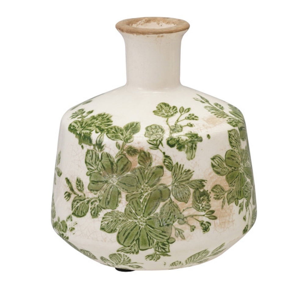 White stoneware vase with a wide body, narrow neck, and green floral and botanical illustrations.