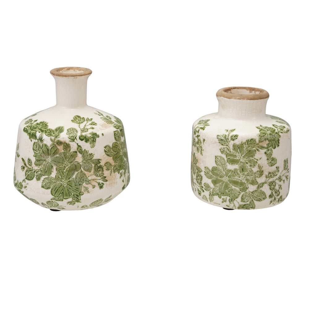 Two white ceramic crackle-glaze vases of varying sizes, decorated with green floral and botanical patterns.