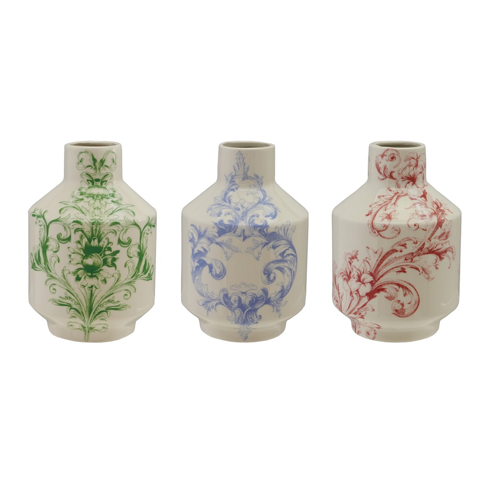Trio of white stoneware vases featuring ornate damask patterns in green, blue, and red floral designs.