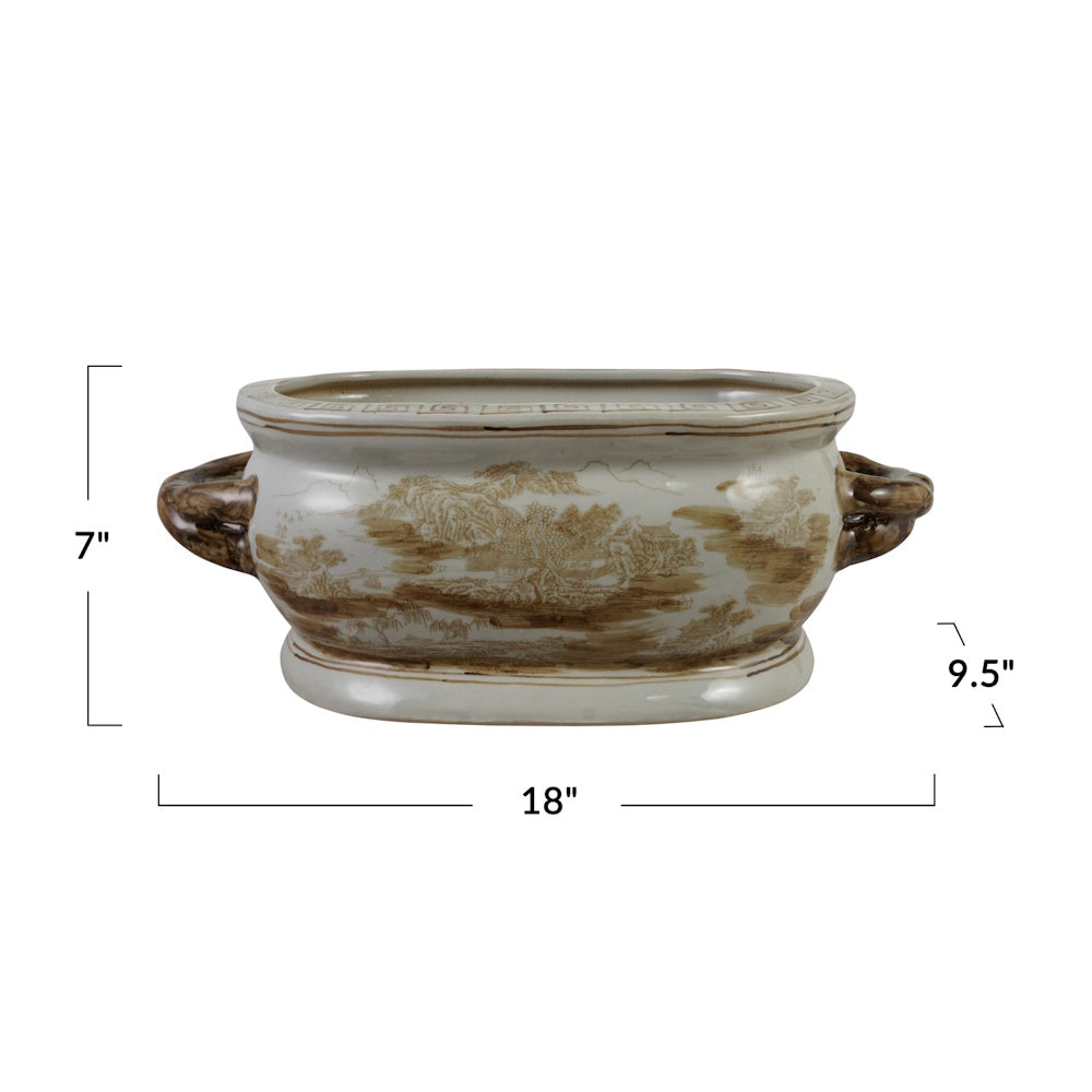 Vintage stoneware planter with a brown landscape design, showing dimensions: 7" height, 18" width, 9.5" depth.