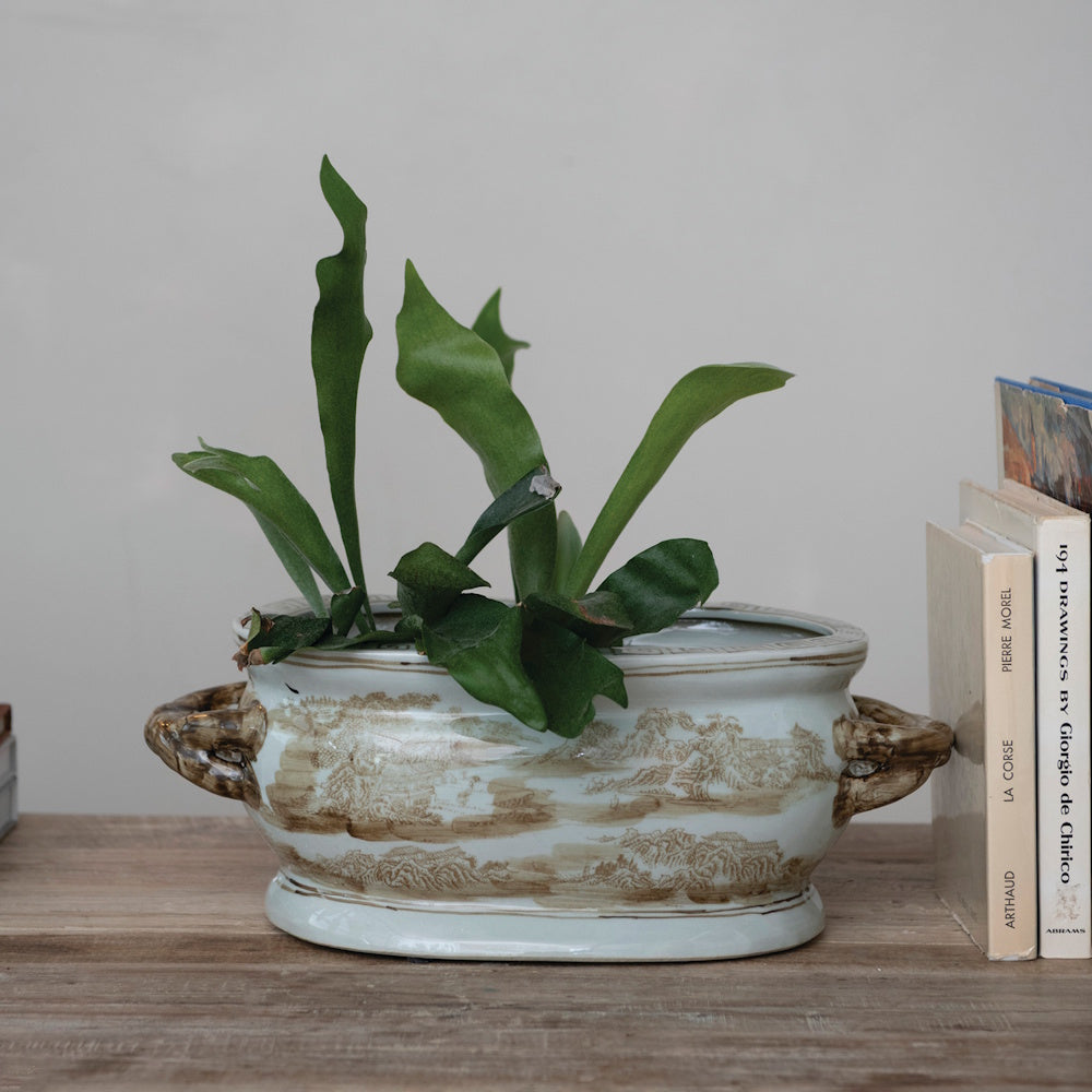 A green plant inside a vintage-style oval stoneware planter with a brown landscape pattern on a wooden surface.