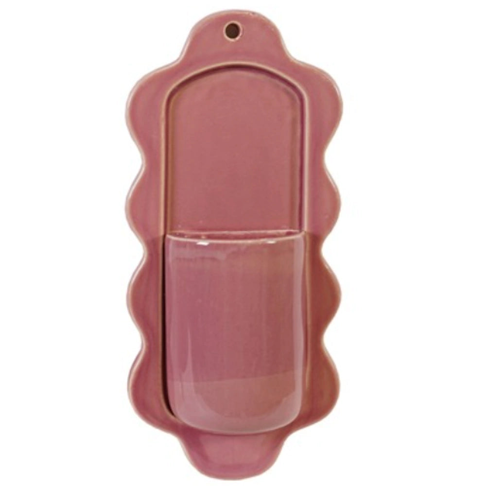 Mauve glazed stoneware wall vase with scalloped edges and a small mounting hole, shown against a white background.