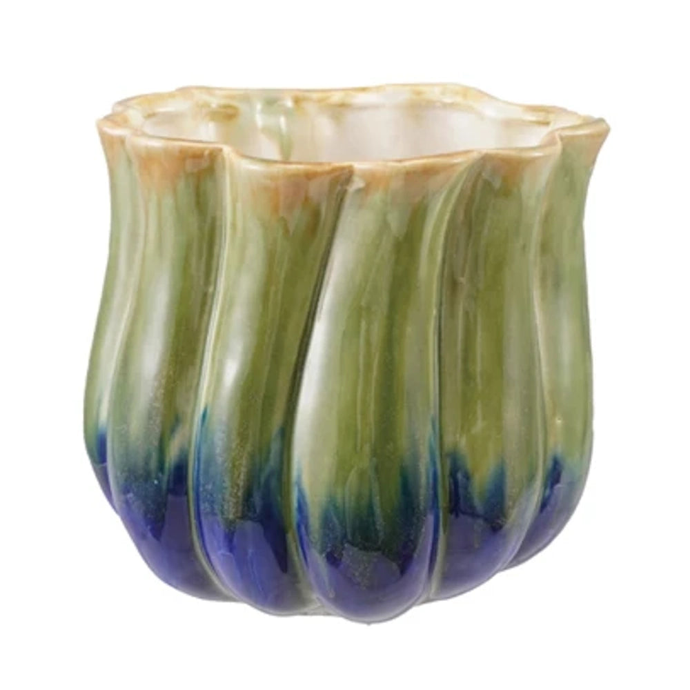 Fluted two-tone stoneware planter with a green and cobalt blue glazed finish and a scalloped rim for indoor plants.
