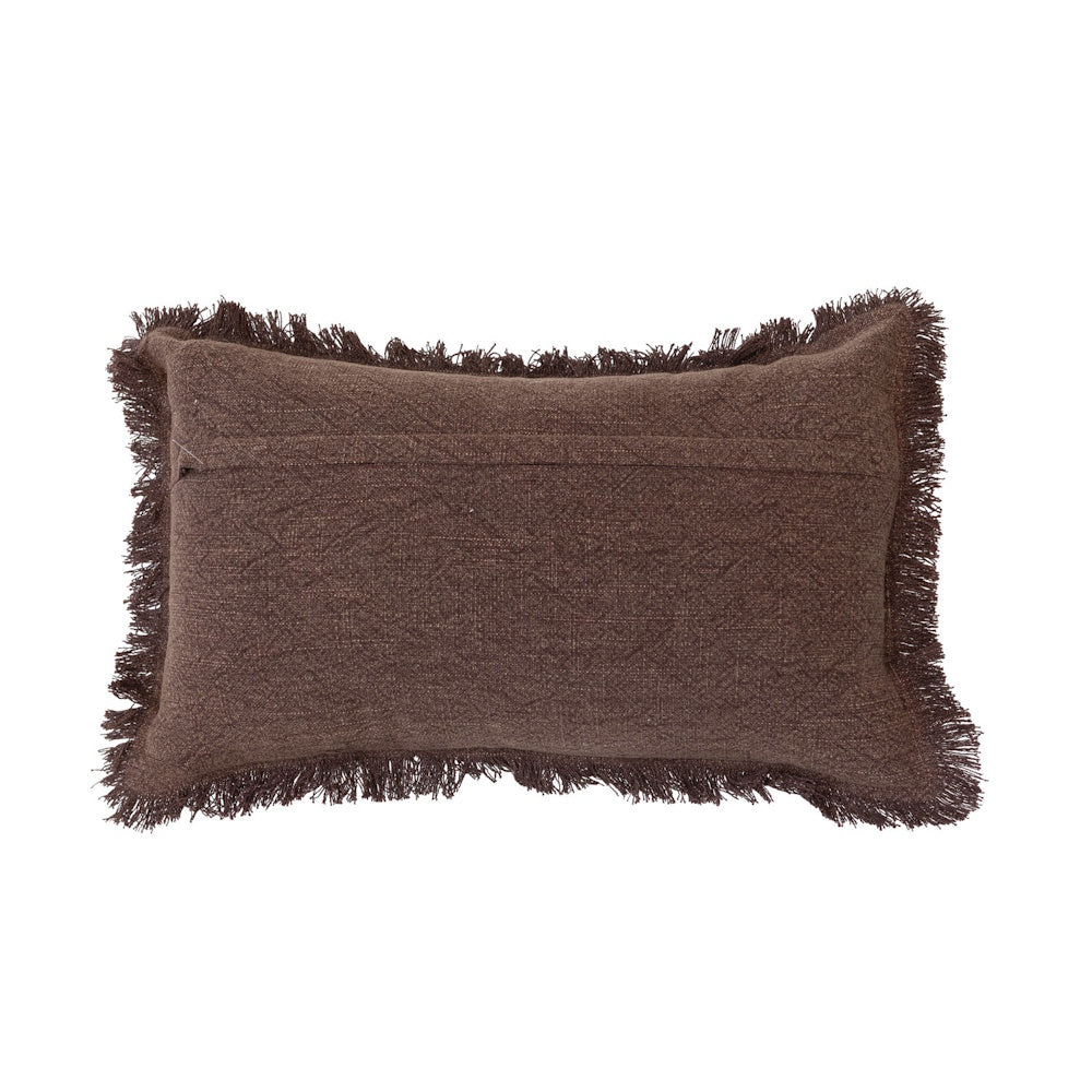 Rectangular brown cotton lumbar pillow featuring a fringed border on a white background.
