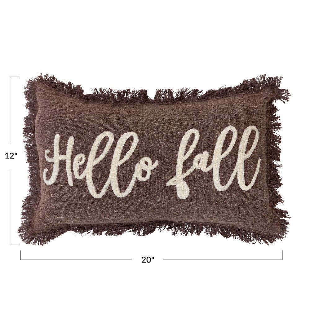 Brown fringed lumbar pillow with "Hello fall" in white script and 12" x 20" dimensions shown.