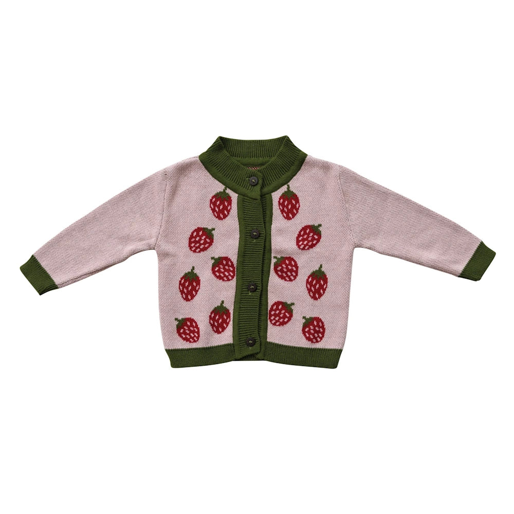 Pink knit baby cardigan with strawberry patterns, green ribbed trim, and wood buttons.
