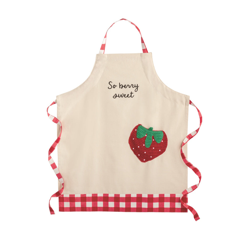 Cream apron with red gingham trim, "So berry sweet" text, and a crochet strawberry pocket.