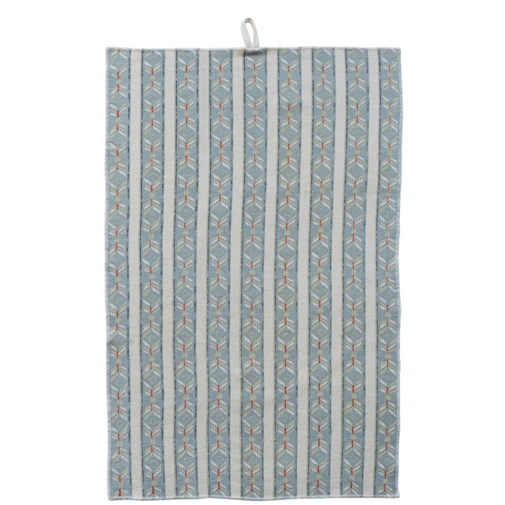 A blue and white striped cotton printed terry cloth tea towel with a geometric pattern.