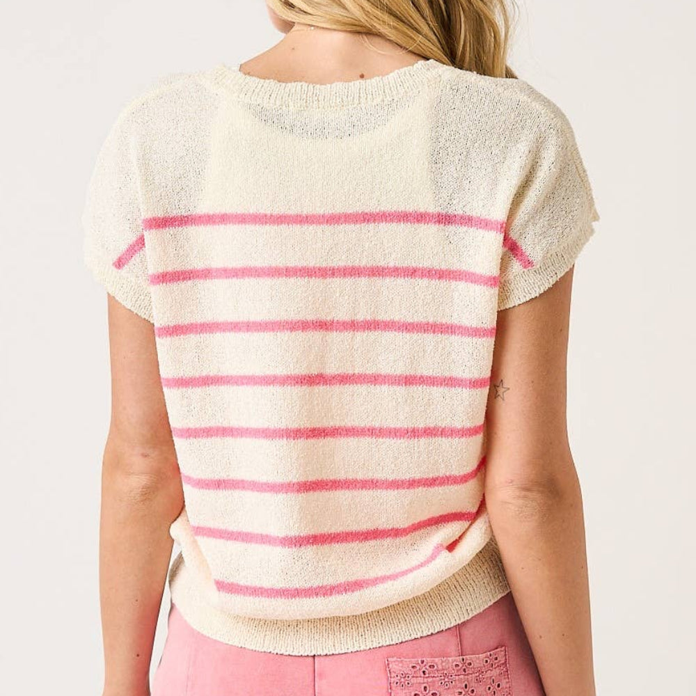 Back view of a woman wearing a cream knit cap-sleeve sweater with horizontal pink stripes and pink pants.