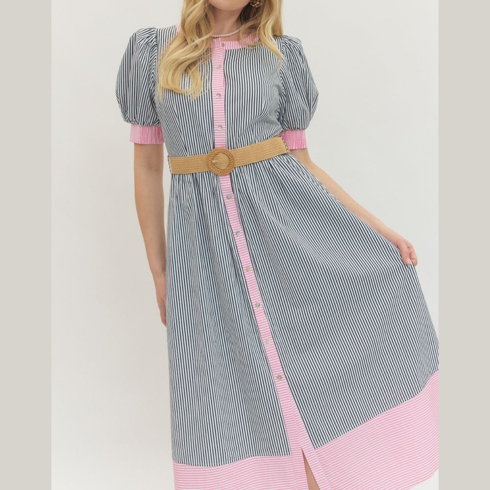 Striped puff-sleeve midi dress with pink trim, button-front detail, and a woven straw belt.