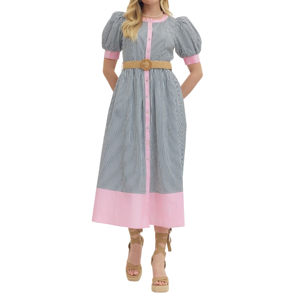 Midi dress with black and white vertical stripes, pink accents, puff sleeves, a tan belt, and platform sandals.