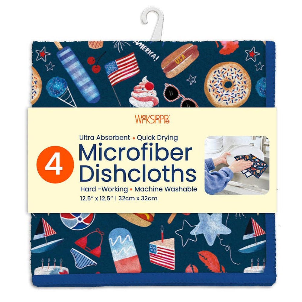 A pack of 4 navy blue microfiber dishcloths with an Americana summer print, featuring stars, flags, and food.